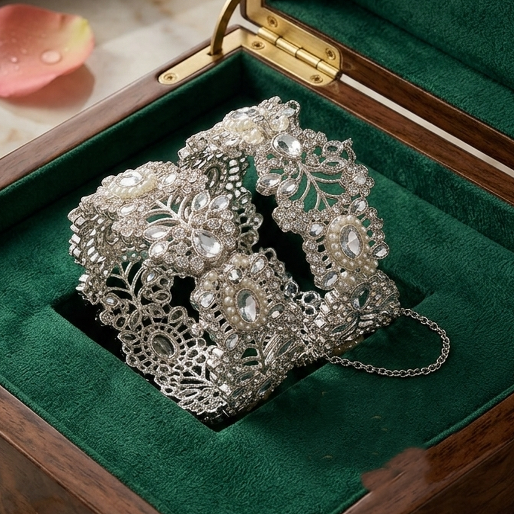Lace design silver bridal cuff bracelet with pearls - PJ Fashion
