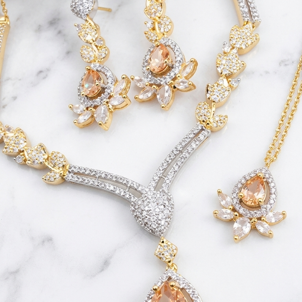 Champagne CZ necklace set with earrings and tikka in gold and silver tone - PJ Fashion Pakistan