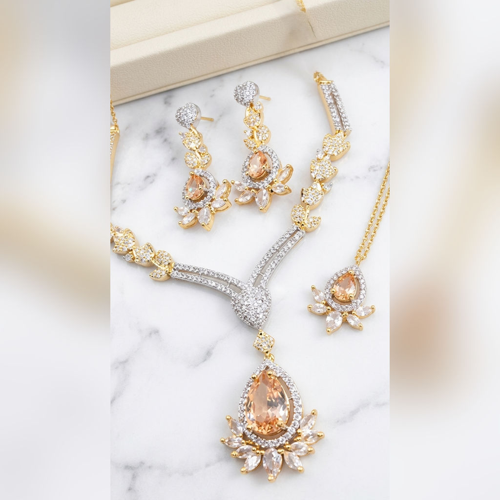 Champagne CZ necklace set with earrings and tikka in gold and silver tone - PJ Fashion Pakistan