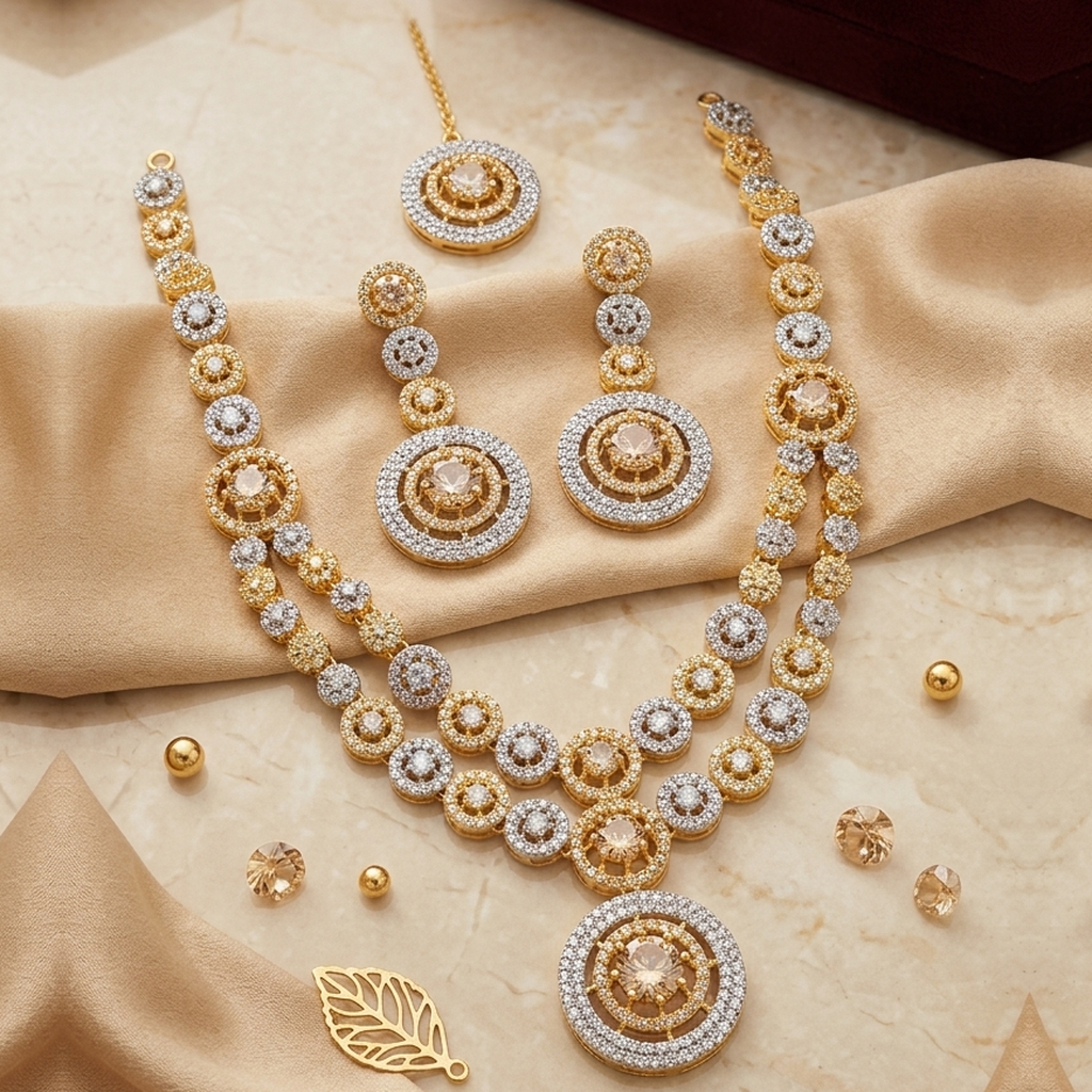 Champagne two-tone double layer round design necklace set with earrings and tikka - PJ Fashion Pakistan
