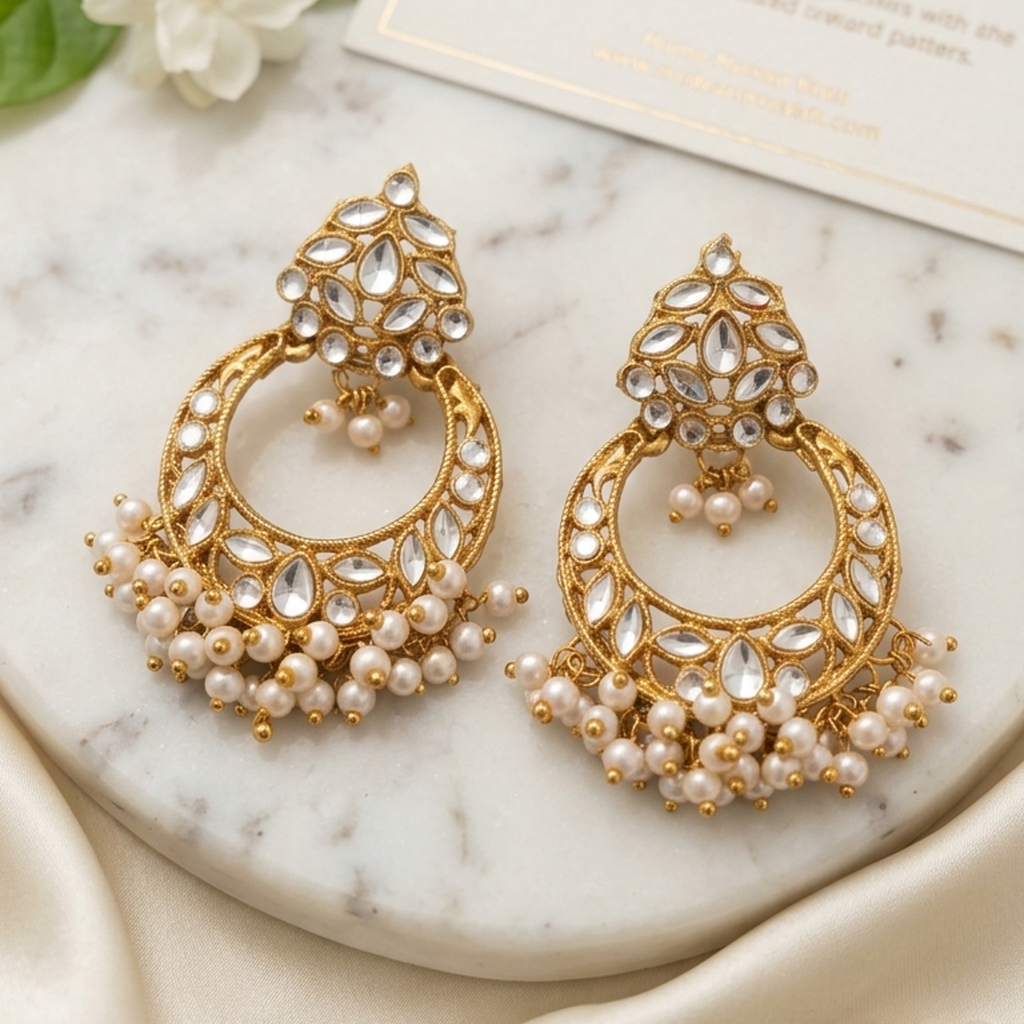 Gold kundan chandbali earrings with pearl drops - PJ Fashion Pakistan