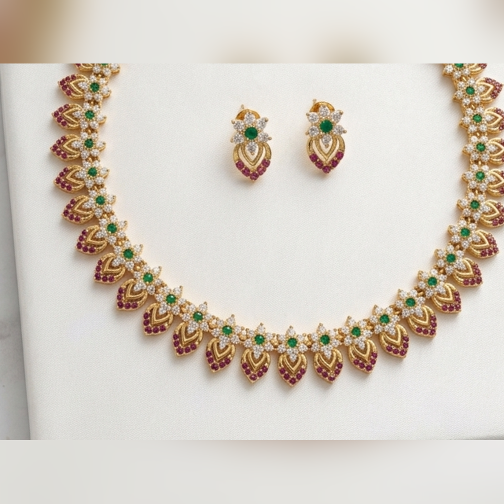 Emerald and ruby CZ gold necklace set with stud earrings - PJ Fashion Pakistan