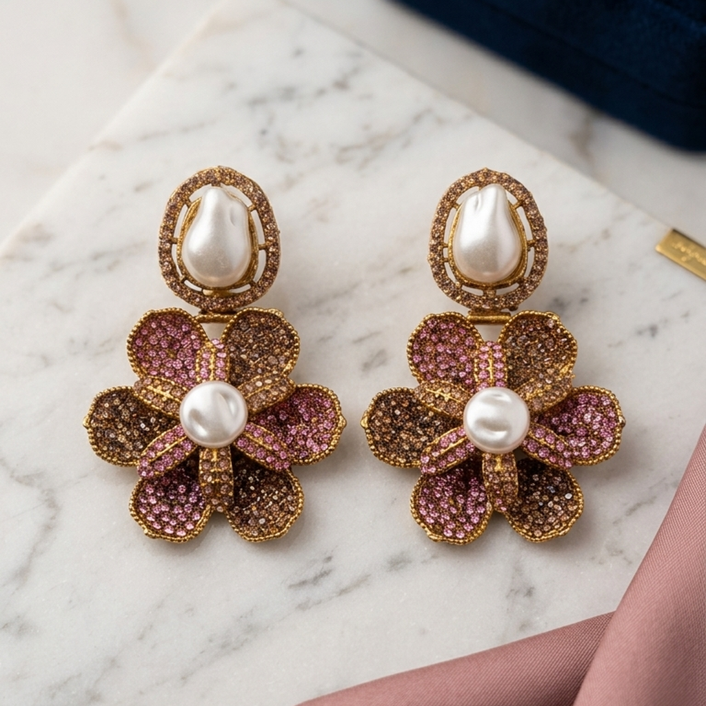 Baroque Pearl Floral Statement Earrings (FSE305)