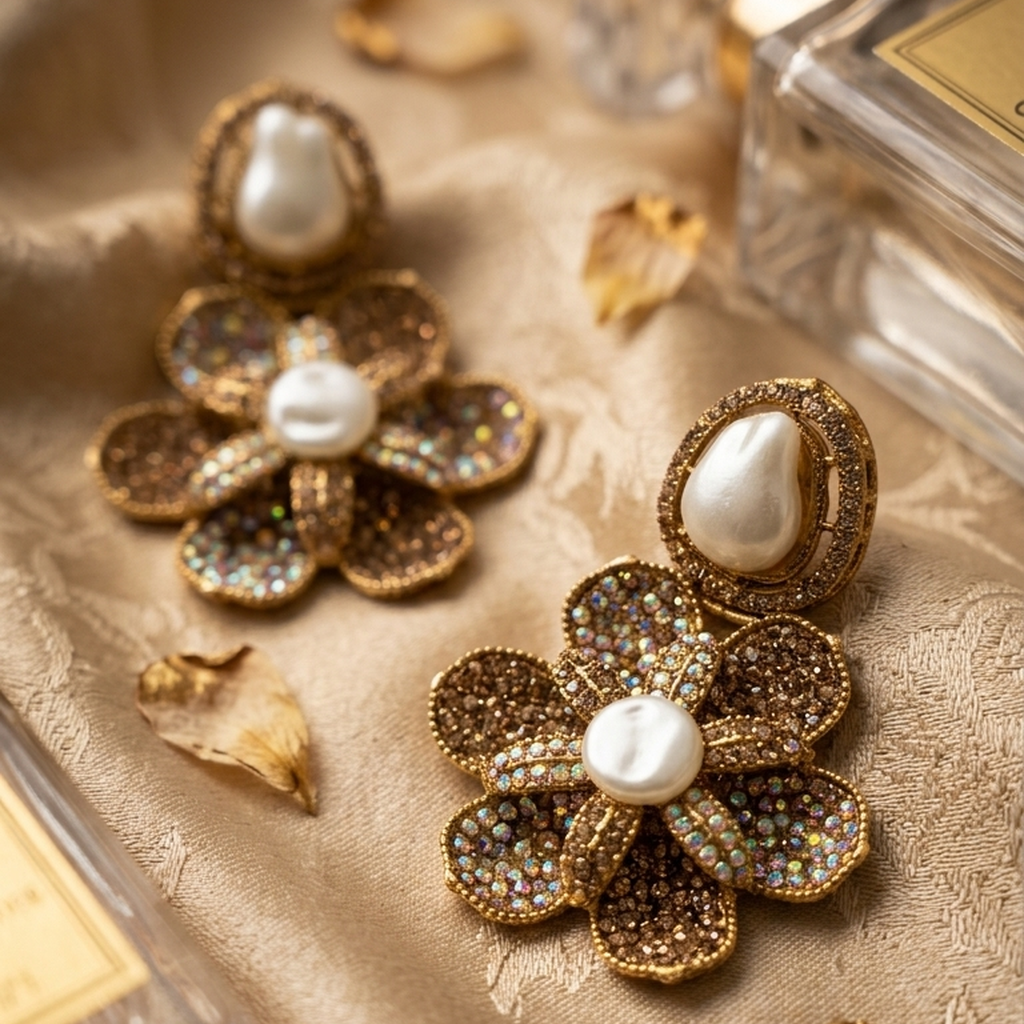 Baroque Pearl Floral Statement Earrings (FSE305)