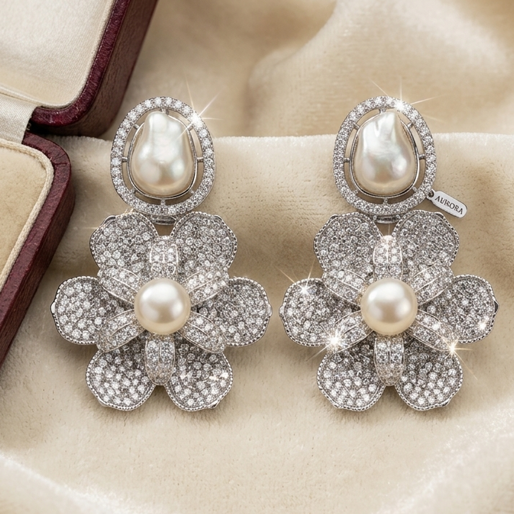 Baroque Pearl Floral Statement Earrings (FSE305)
