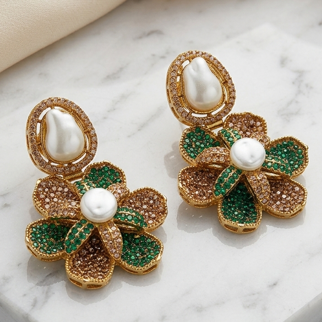 Baroque Pearl Floral Statement Earrings (FSE305)