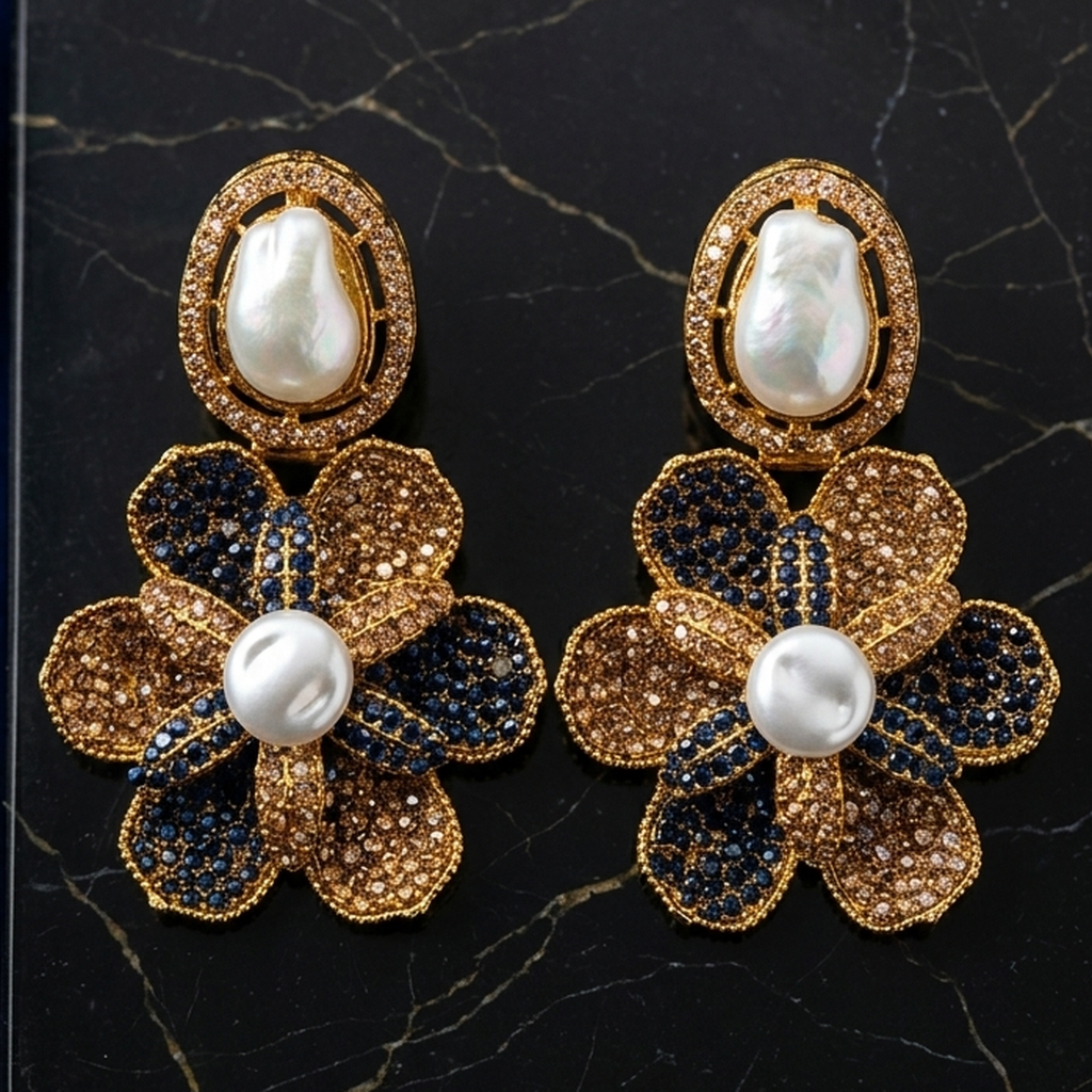 Baroque Pearl Floral Statement Earrings (FSE305)