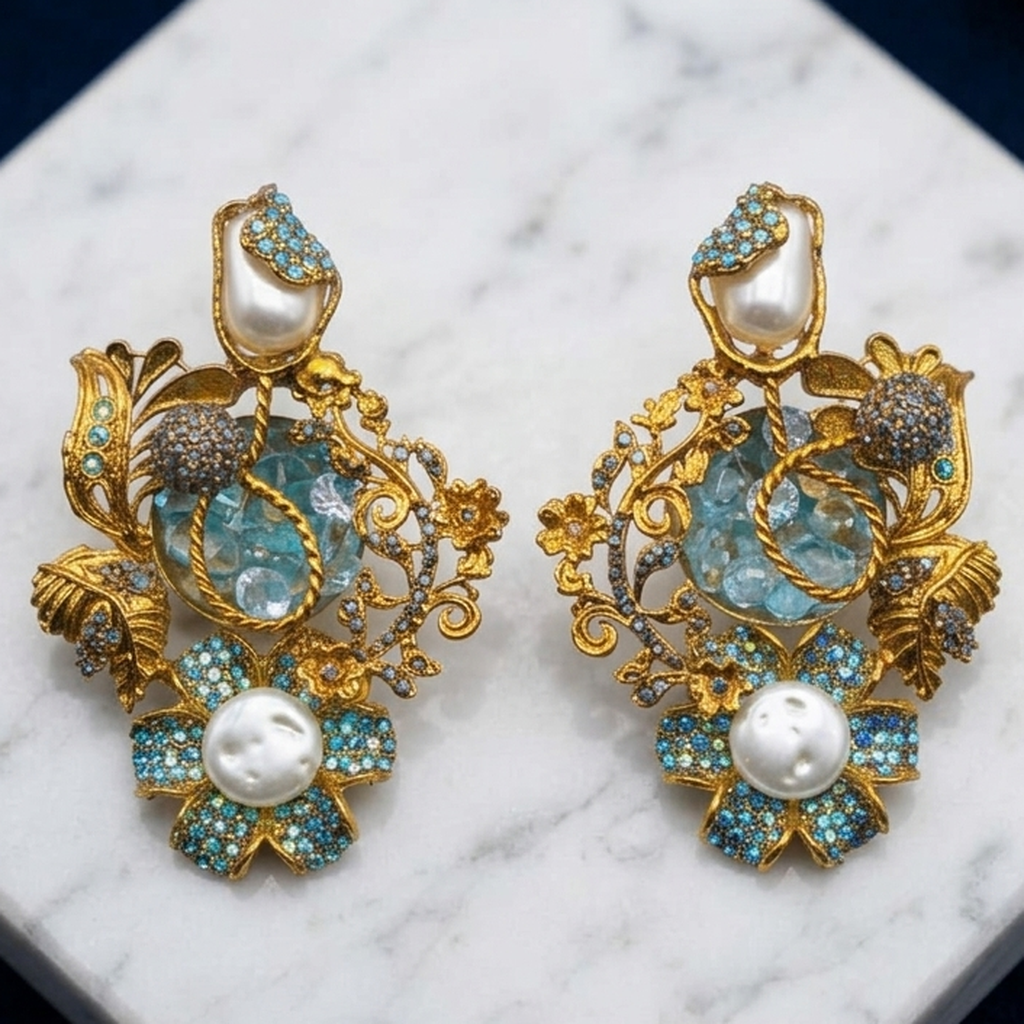 Antique Gold Floral Statement Earrings (FSE312)