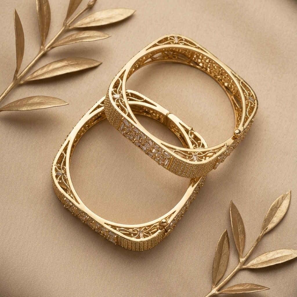 Gold Filigree CZ Broad Kada Bangles (FSB212)