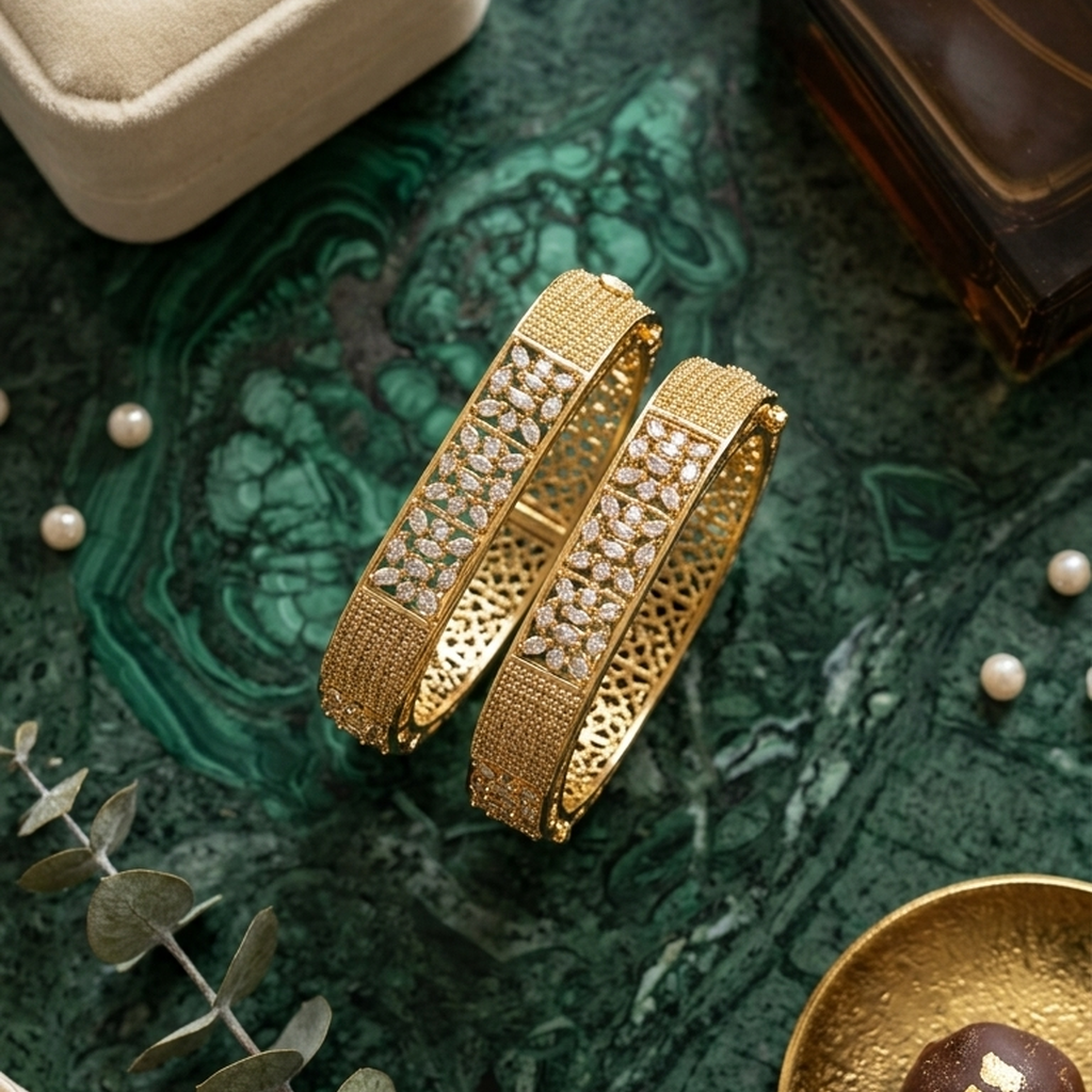 Gold Filigree CZ Broad Kada Bangles (FSB212)