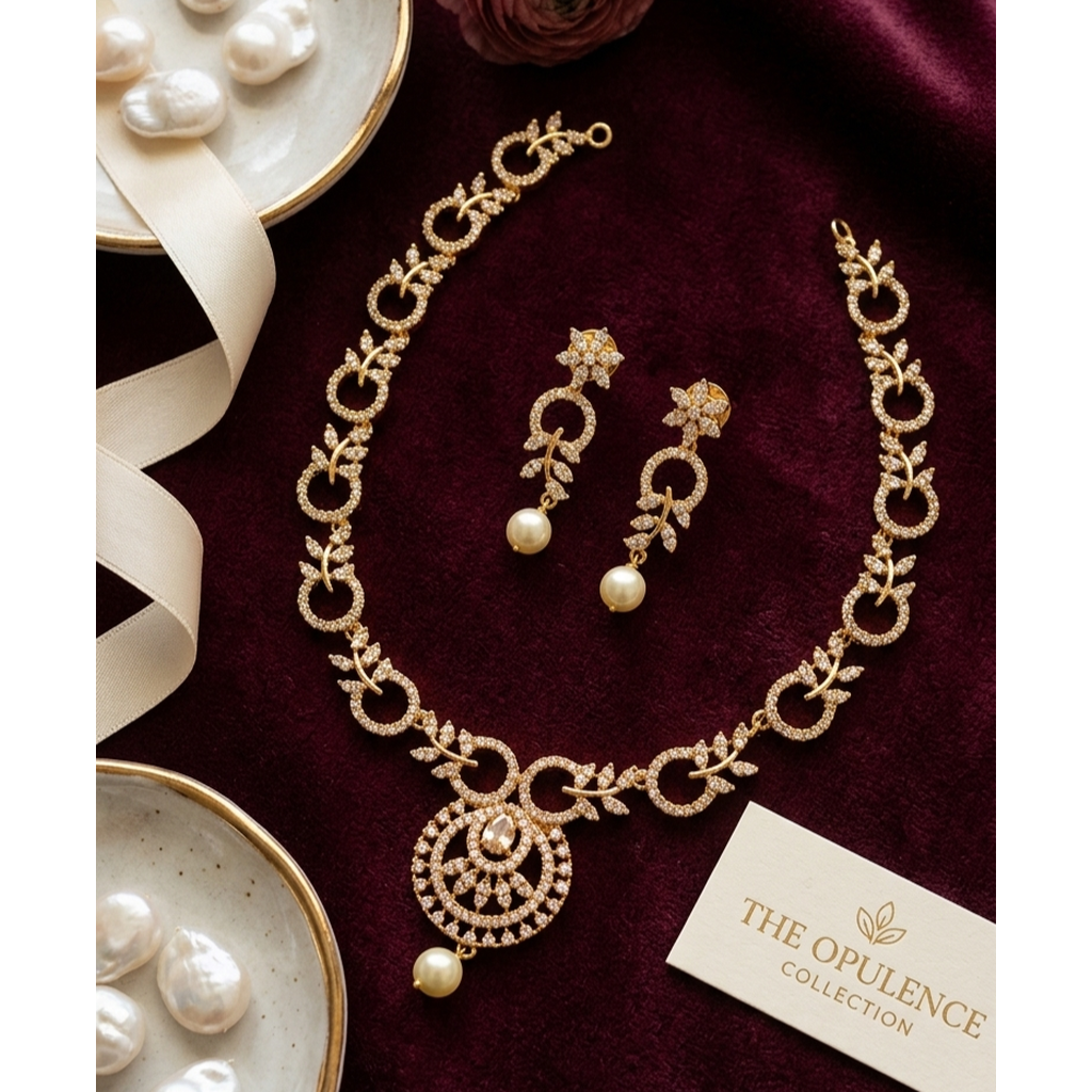 Gold CZ pearl drop necklace set with earrings on velvet - PJ Fashion Pakistan
