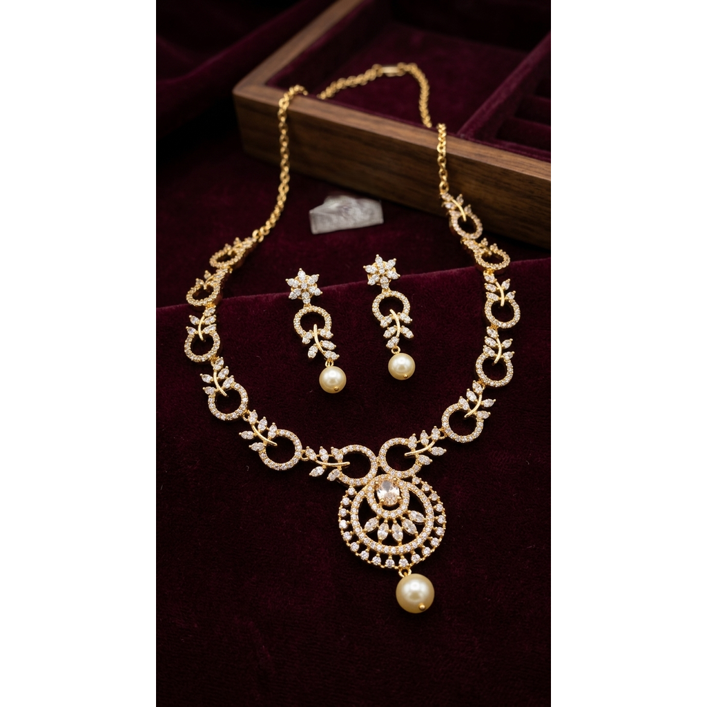Gold leaf design CZ necklace set with pearl pendant and earrings - PJ Fashion