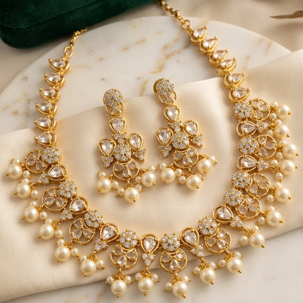Gold plated pearl drop necklace set with stones and earrings - PJ Fashion Pakistan