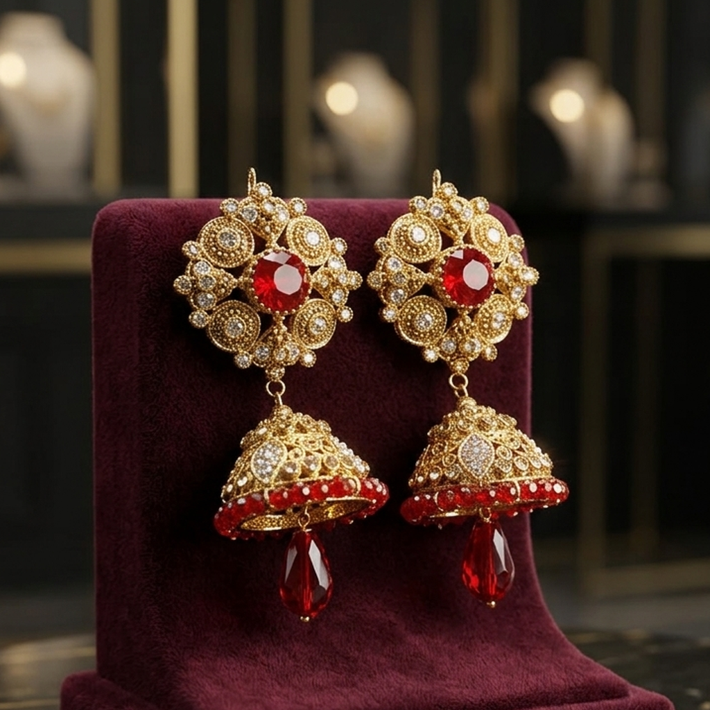 Gold ruby jhumka earrings on velvet stand - PJ Fashion Pakistan