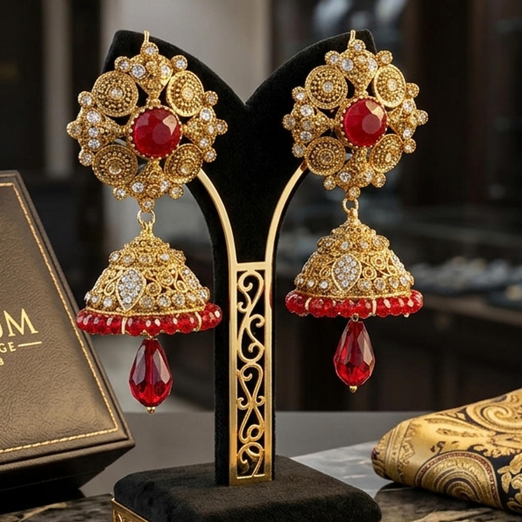 Gold ruby jhumka earrings display shot - PJ Fashion