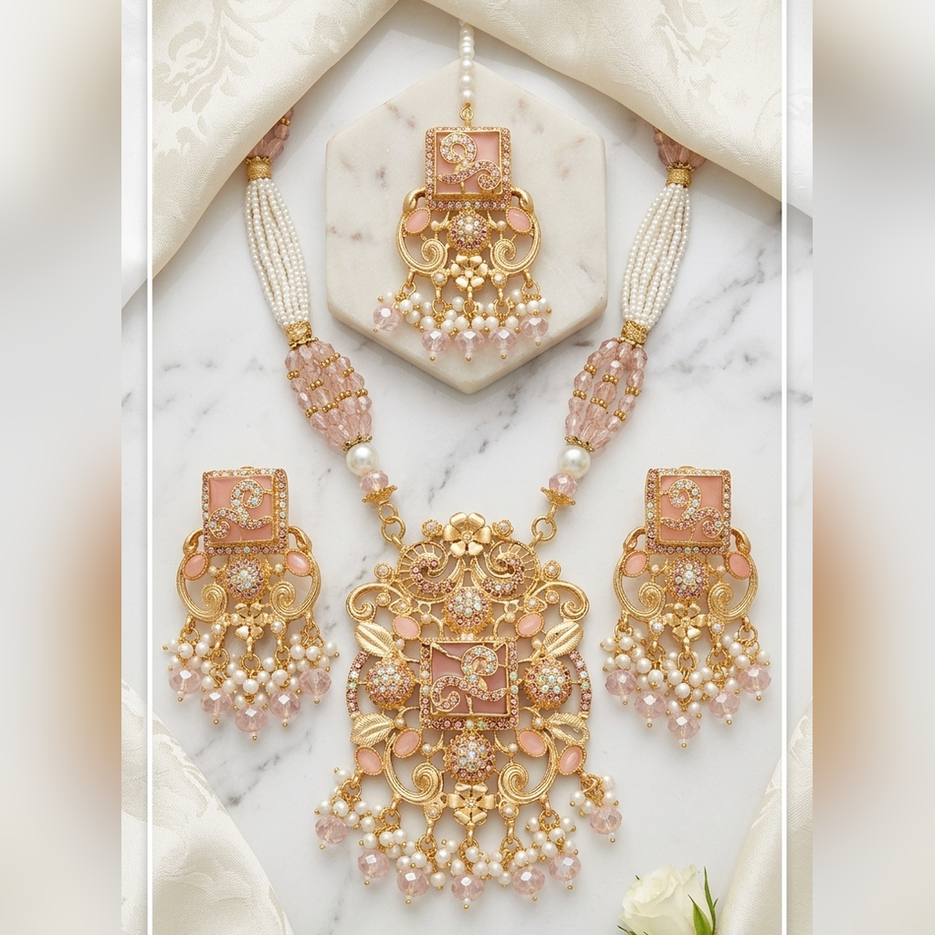 Silver white long pearl maala set with earrings and tikka - PJ Fashion Pakistan
