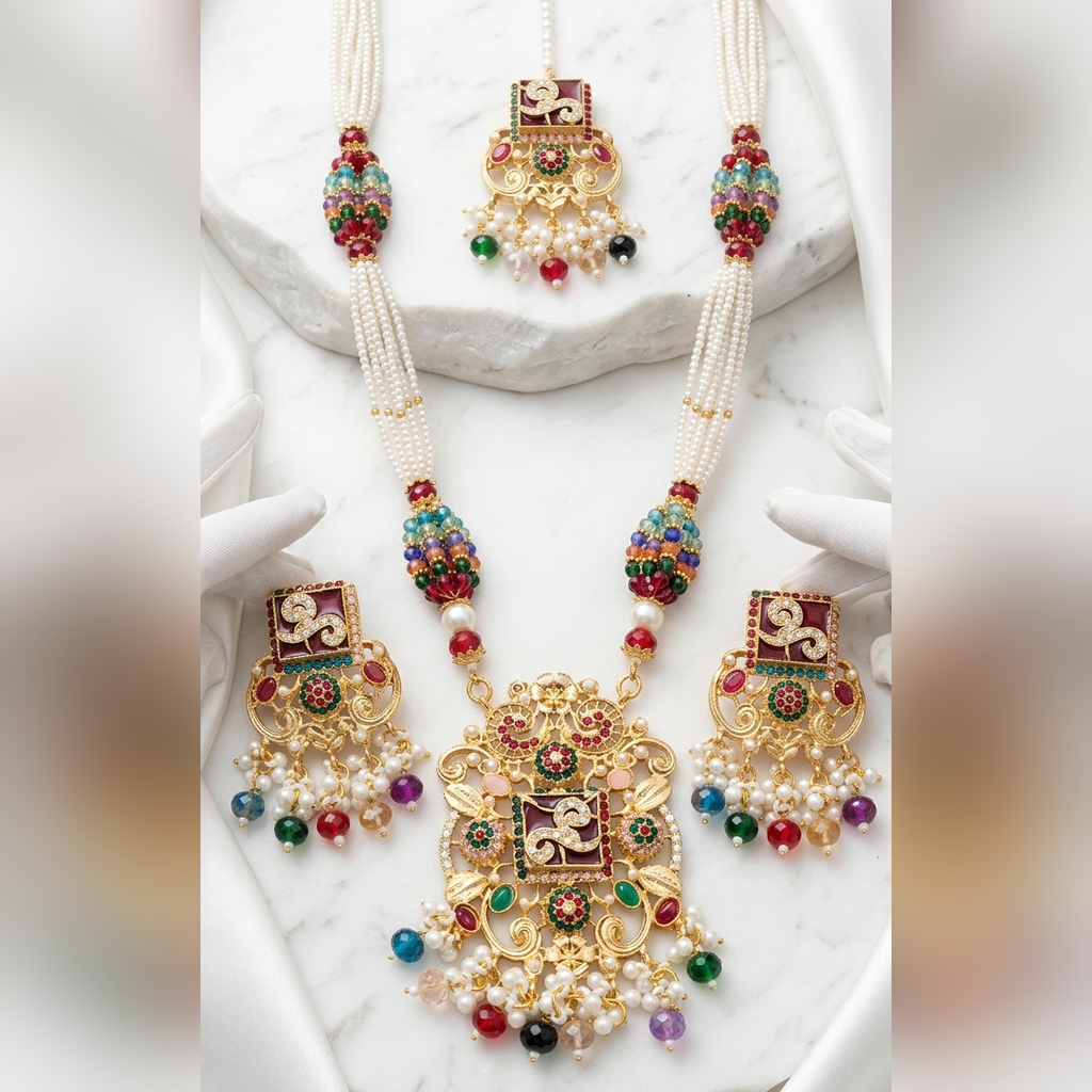 Multicolor long pearl maala set with earrings and tikka - PJ Fashion Pakistan