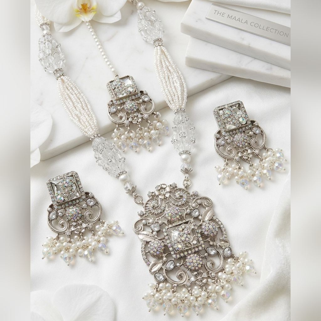 Blush pink long pearl maala set with earrings and tikka - PJ Fashion