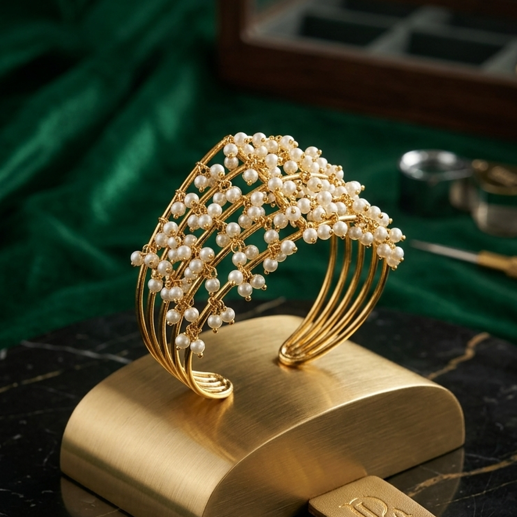 Gold wire pearl cuff bracelet on display stand - PJ Fashion Pakistan