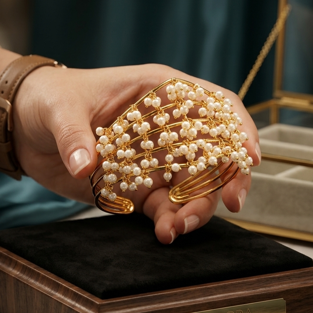 Gold wire pearl cuff bracelet worn on hand - PJ Fashion