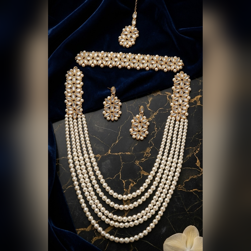Multi-layer pearl rani haar bridal set with kundan choker, earrings and tikka - PJ Fashion Pakistan