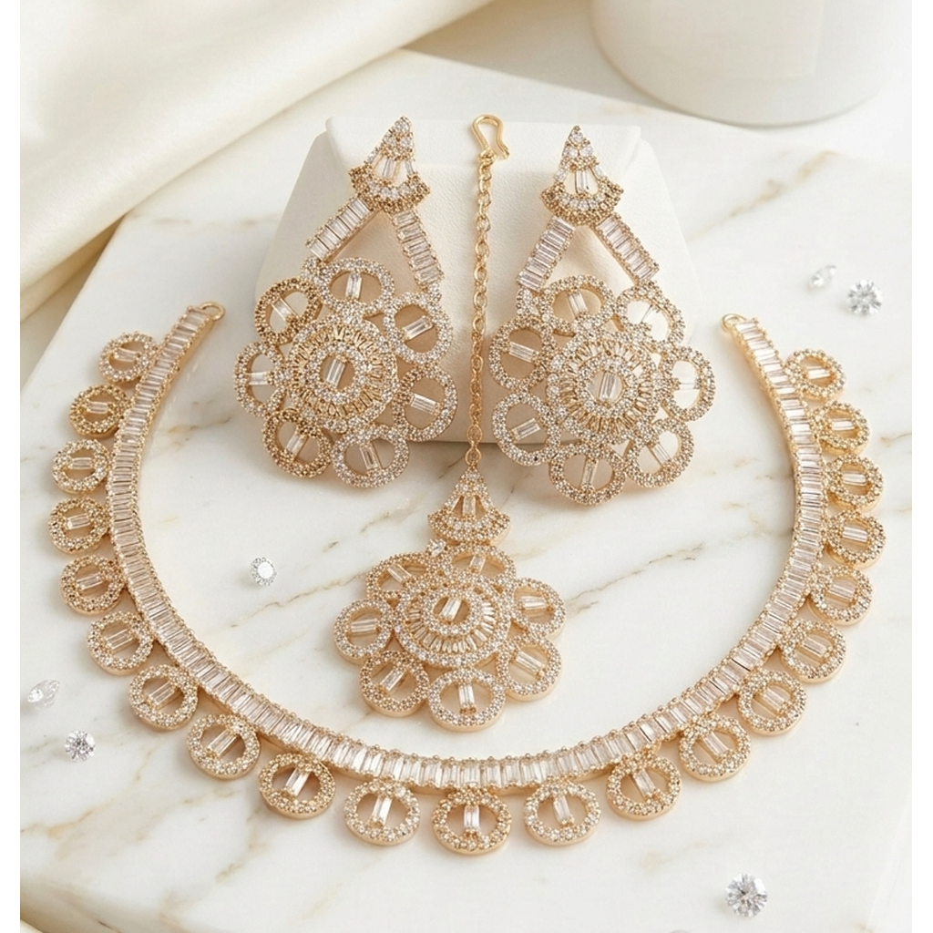 Rose gold CZ necklace set with statement earrings and tikka - PJ Fashion Pakistan