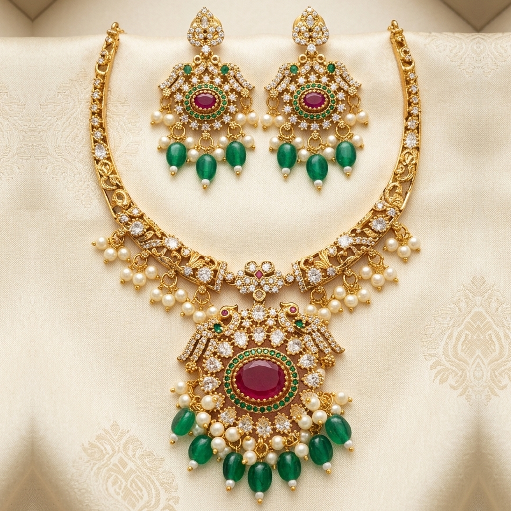 Gold plated peacock necklace set with ruby, emerald beads, pearls and earrings - PJ Fashion Pakistan