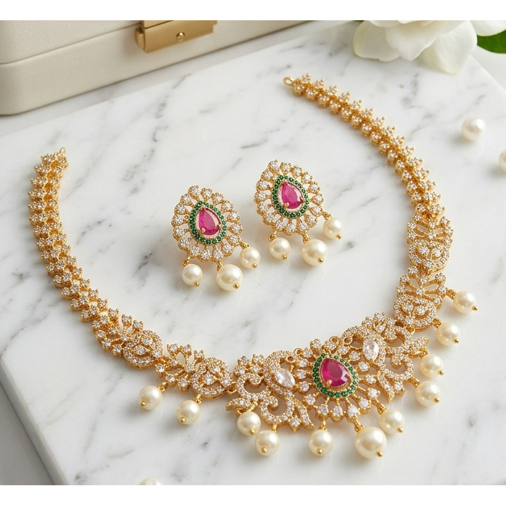 Gold CZ ruby emerald pearl drop necklace set with stud earrings on marble - PJ Fashion Pakistan