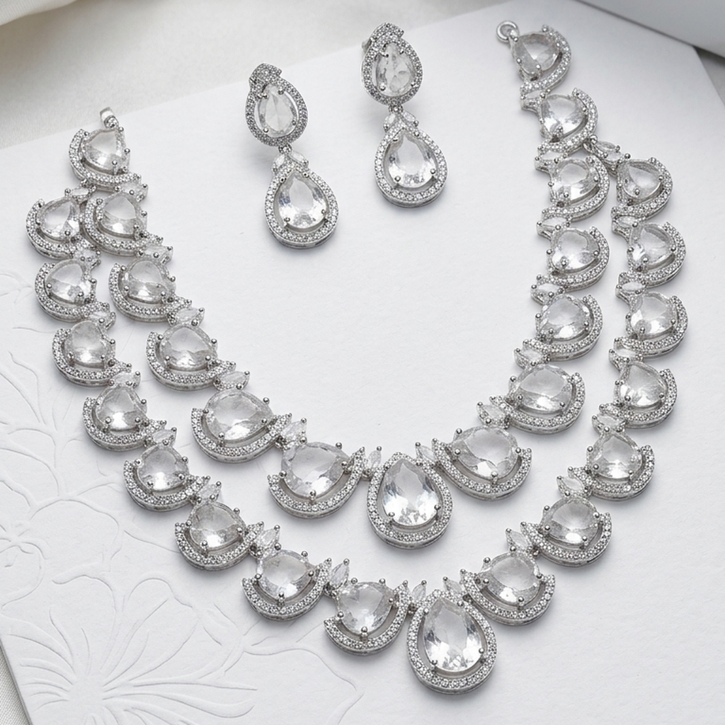 Silver CZ double layer pear drop necklace set with earrings - PJ Fashion Pakistan