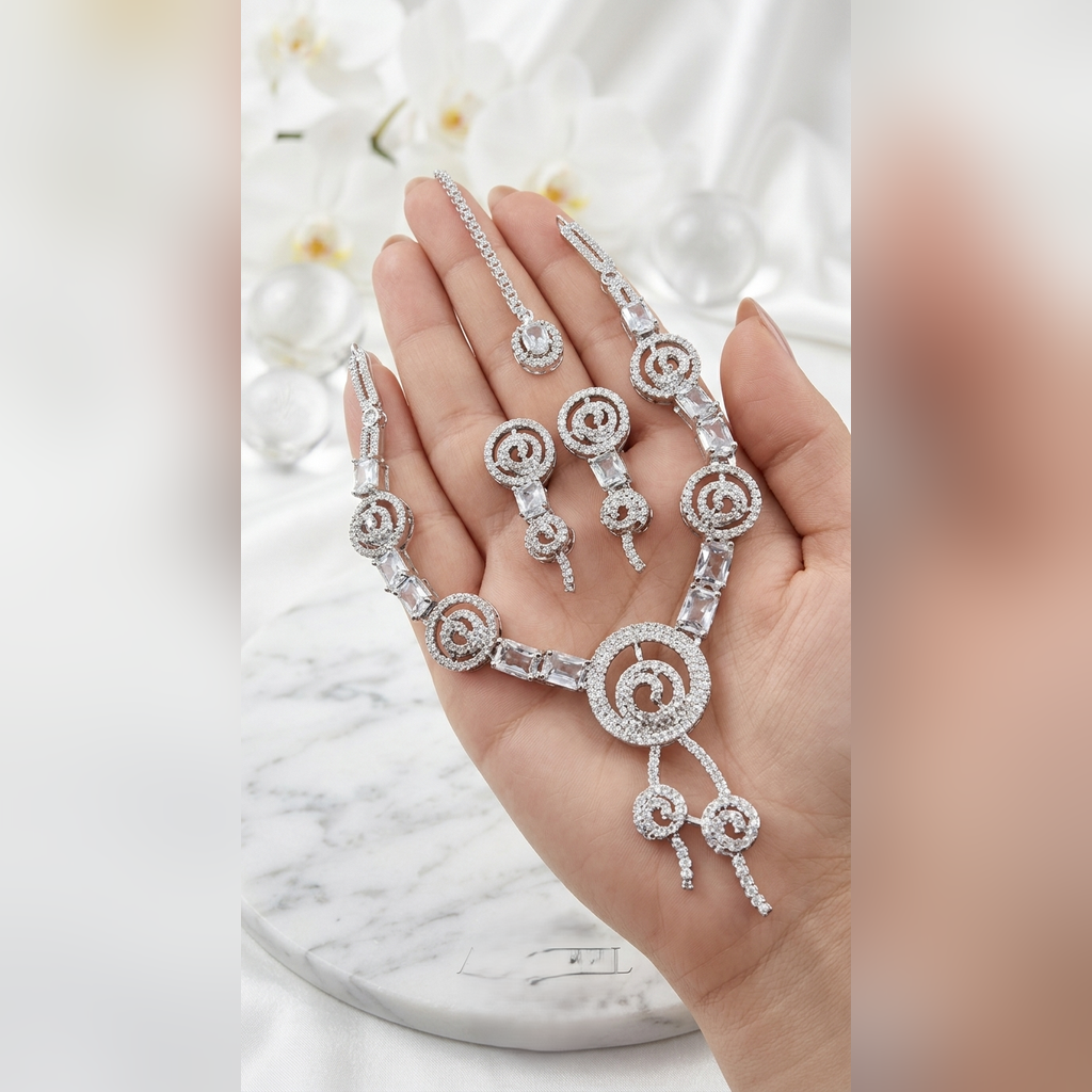 Silver CZ swirl design necklace set with earrings and tikka in hand - PJ Fashion Pakistan