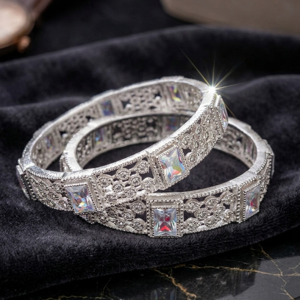 Mint green stone silver kada bangles - PJ Fashion