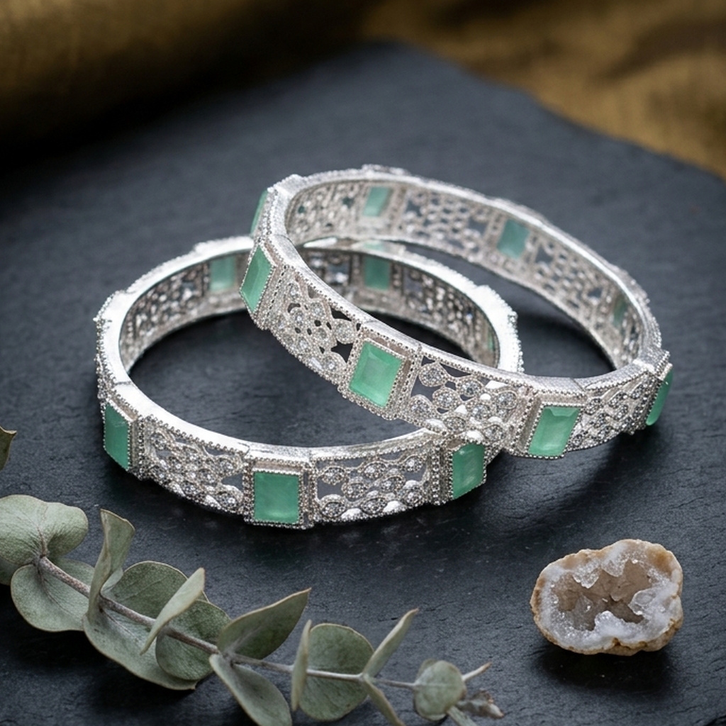 Blush pink stone silver kada bangles - PJ Fashion Pakistan