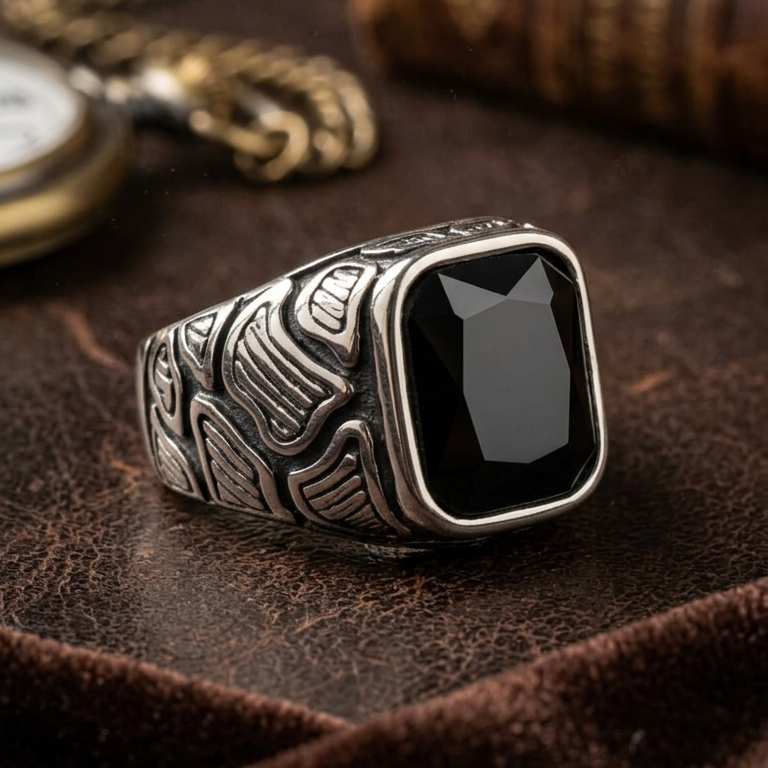 Antique Silver Faceted Black Zircon Mens Ring