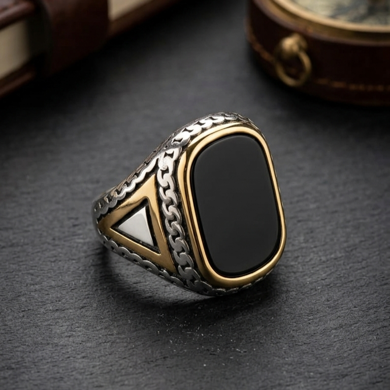 Antique Silver Hexagonal Black Onyx Mens Ring