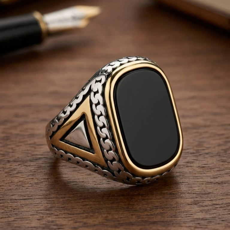 Antique Silver Hexagonal Black Onyx Mens Ring