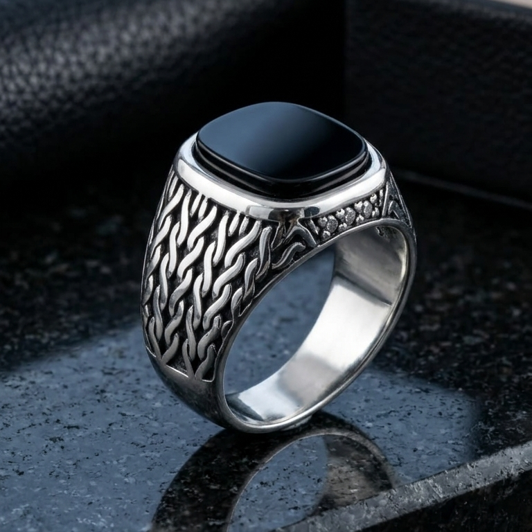 Antique Silver Braided Mens Ring