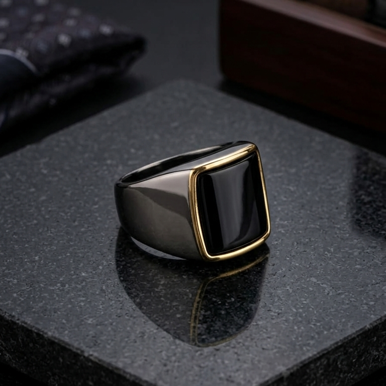 Modern Square Black Onyx Mens Ring