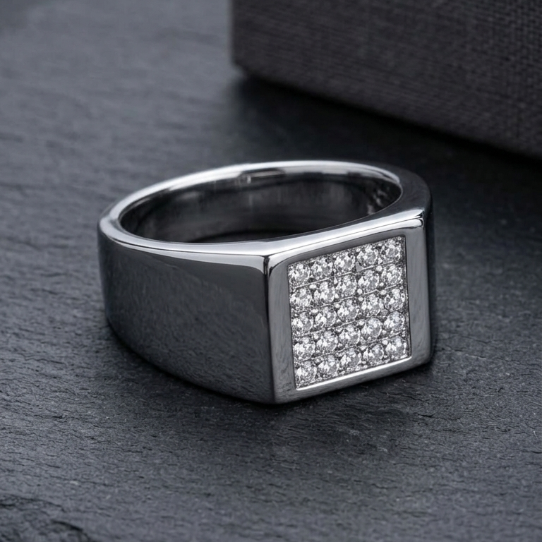 Iced-Out Square Mens Signet Ring