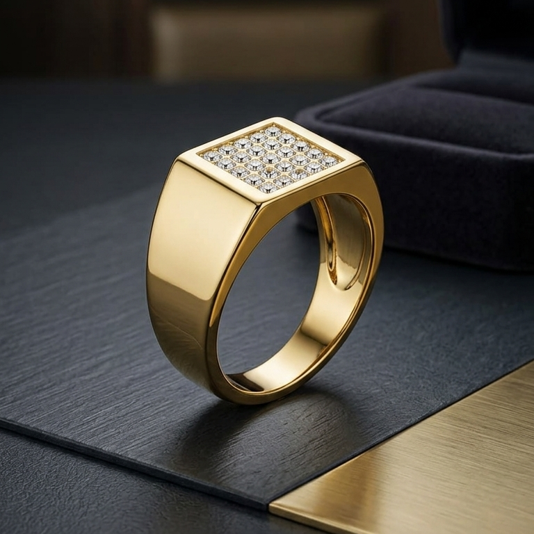 Iced-Out Square Mens Signet Ring