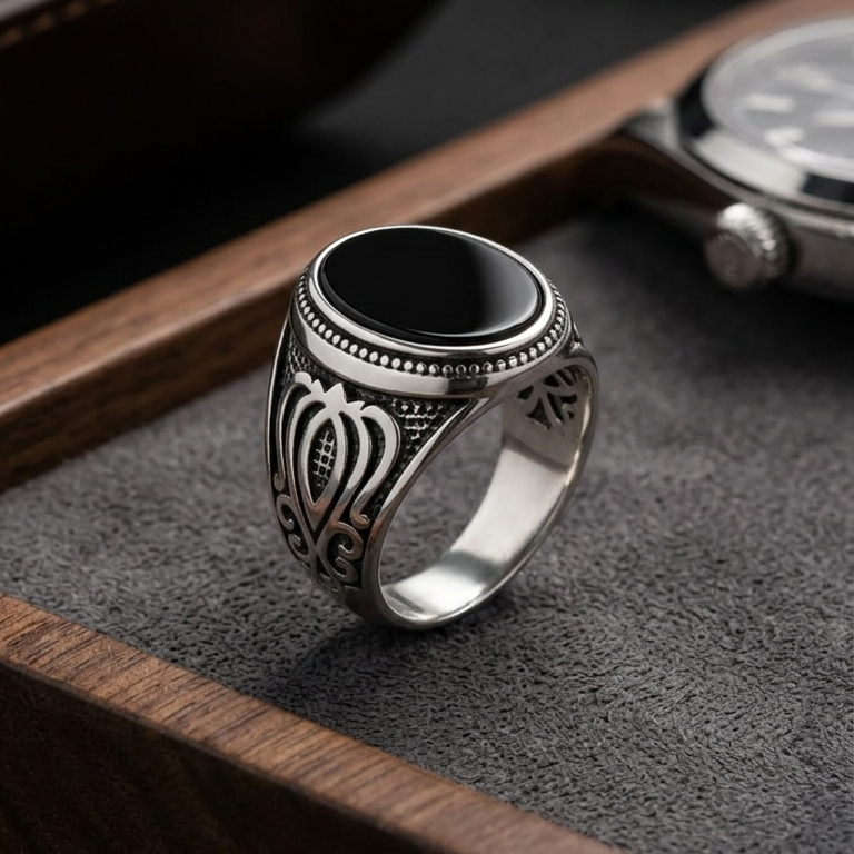 Antique Silver Black Onyx Mens Ring