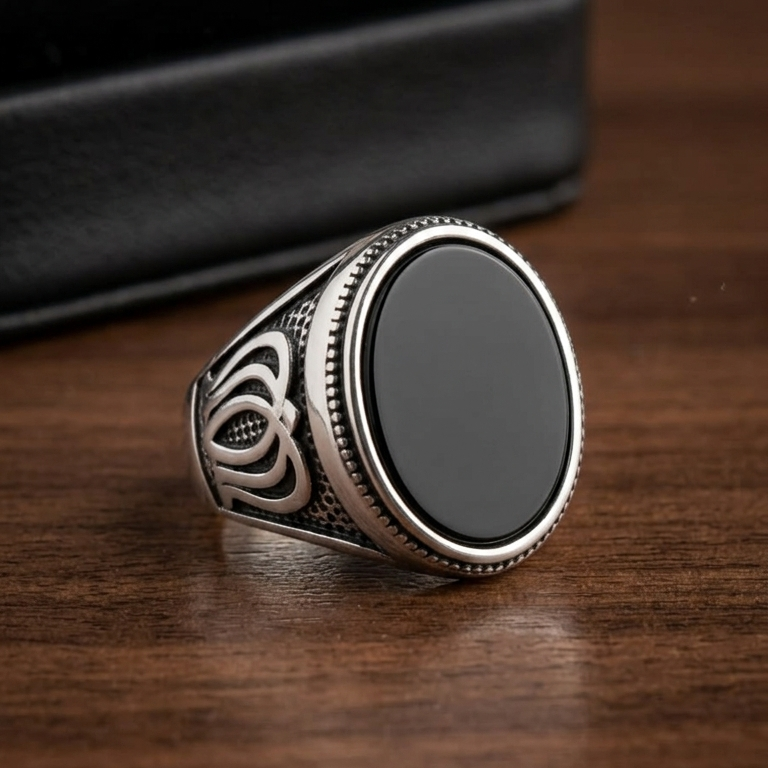 Antique Silver Black Onyx Mens Ring