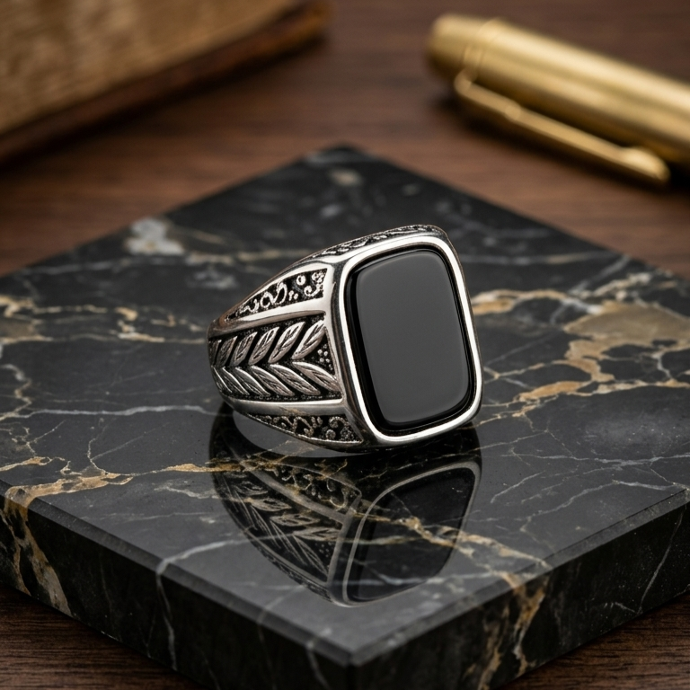 Antique Silver Square Mens Ring