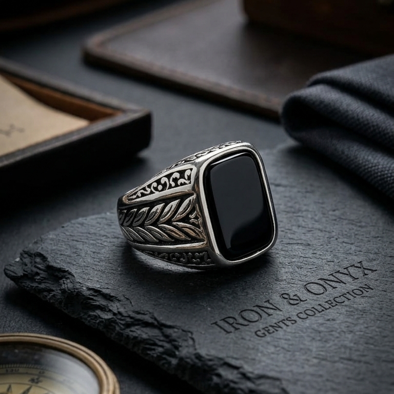 Antique Silver Square Mens Ring