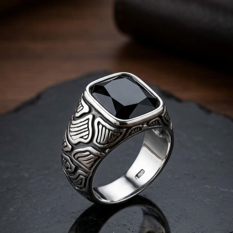Antique Silver Faceted Black Zircon Mens Ring