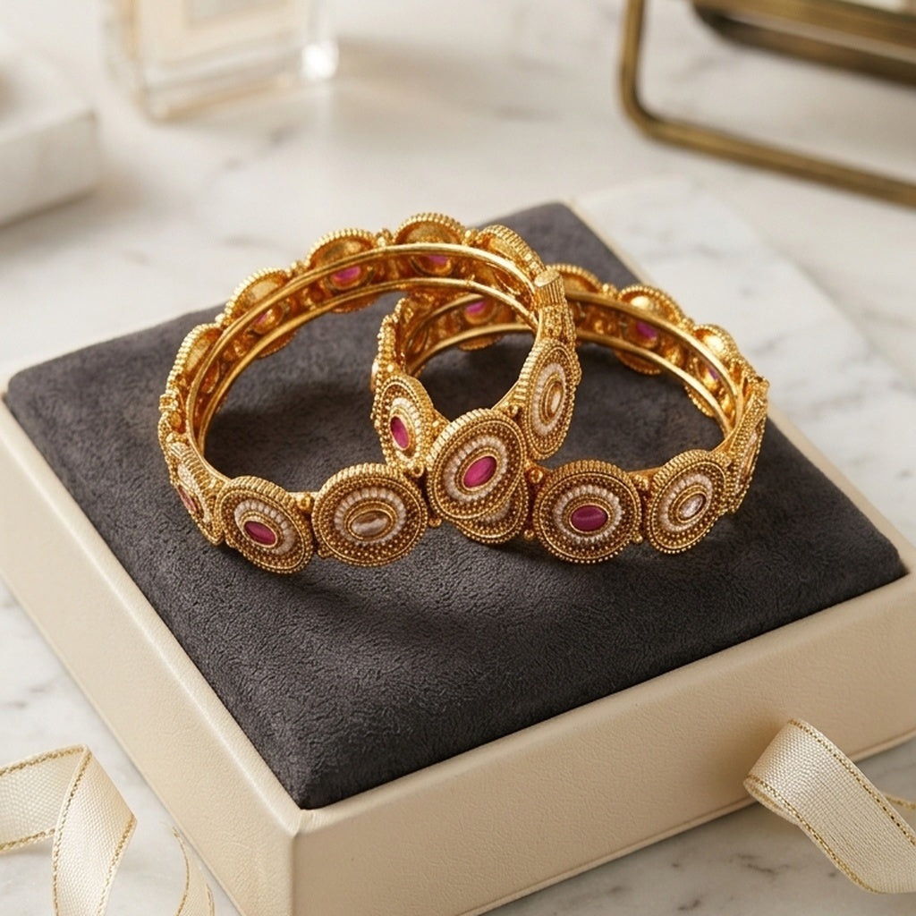 Gold Bangles Pair with Pink Stone & Pearl Design (FSKB214)