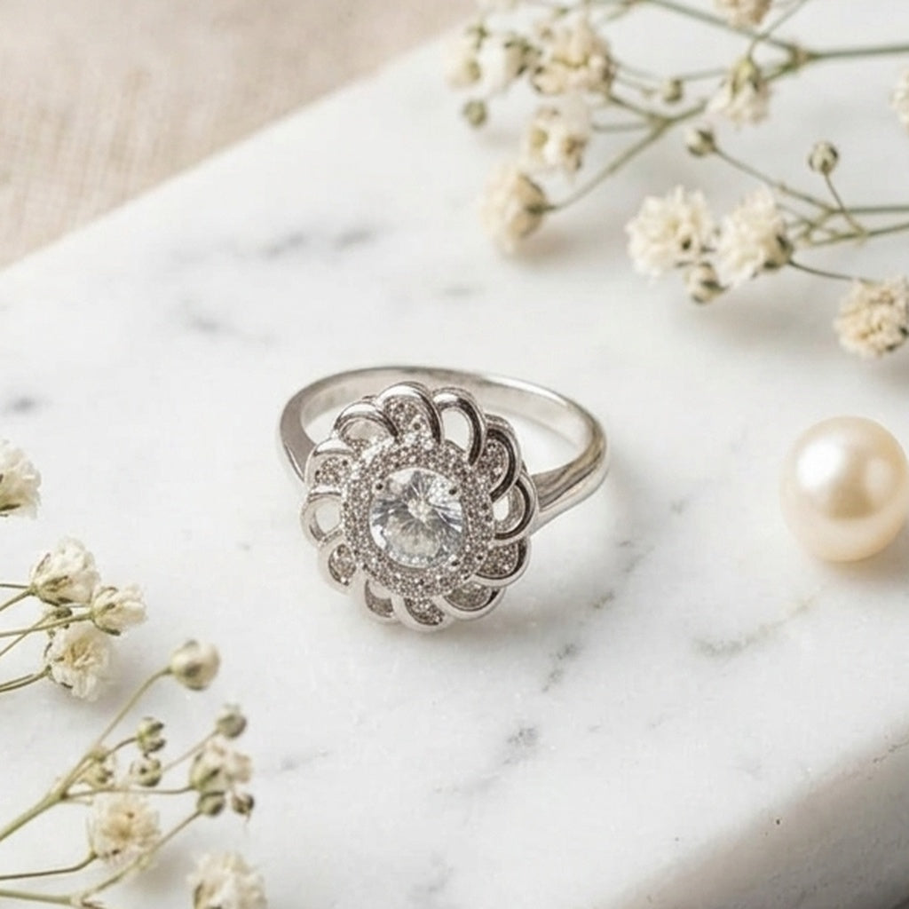 Silver Floral Halo Diamond Ring (FSR212)