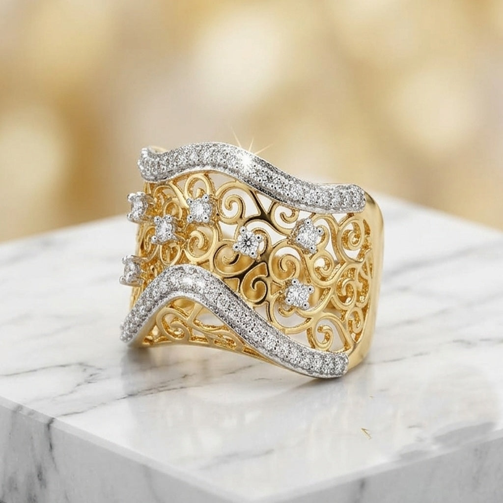 Gold Filigree Wide Band Ring with Diamond Wave Design (FSR214)