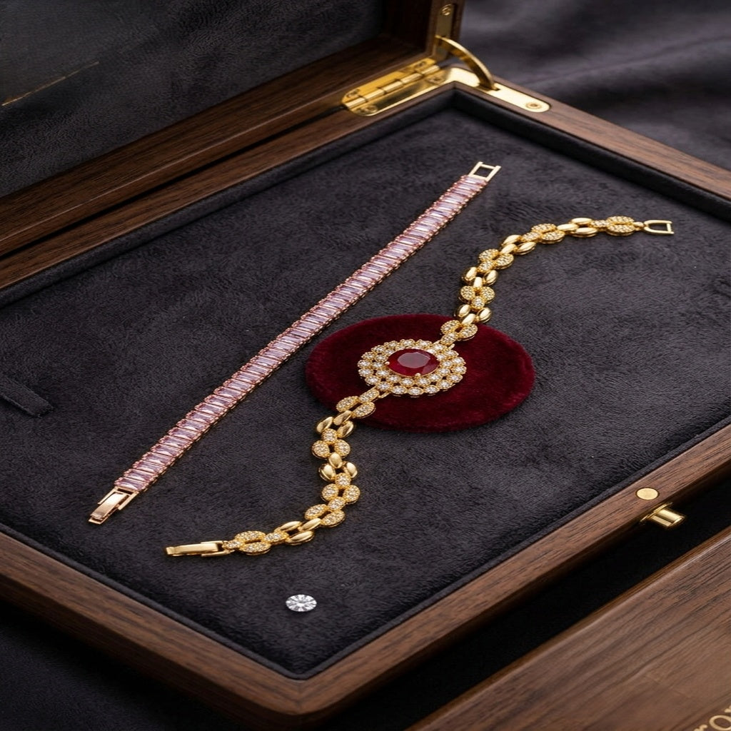 Pink Baguette Tennis Bracelet & Gold Link Bracelet Set