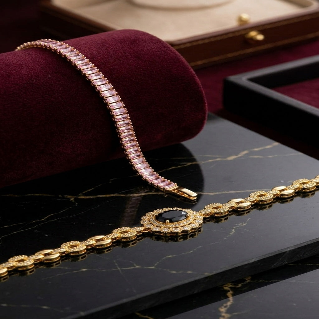 Pink Baguette Tennis Bracelet & Gold Link Bracelet Set