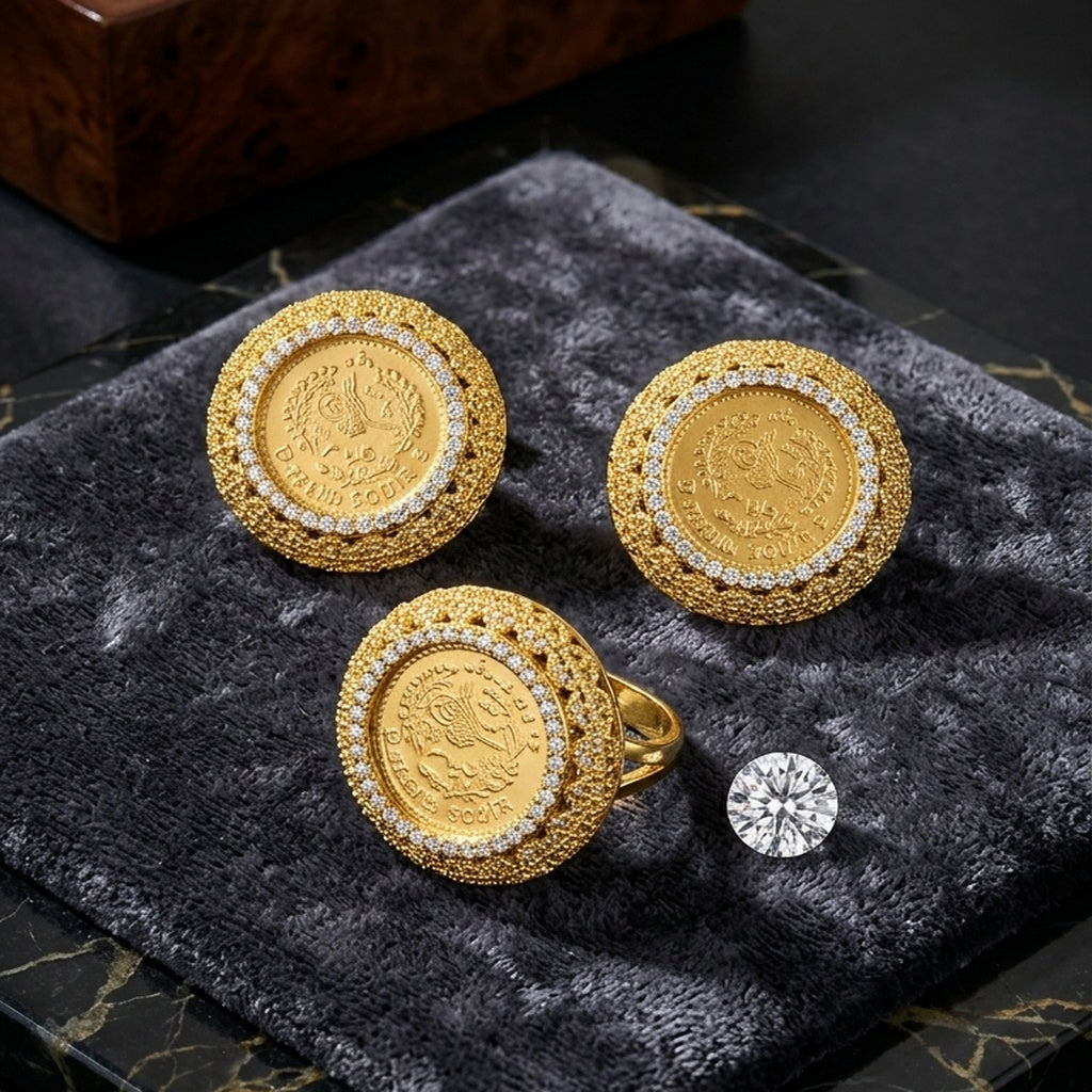 Gold Coin Ring & Earrings Sets (FSE303)